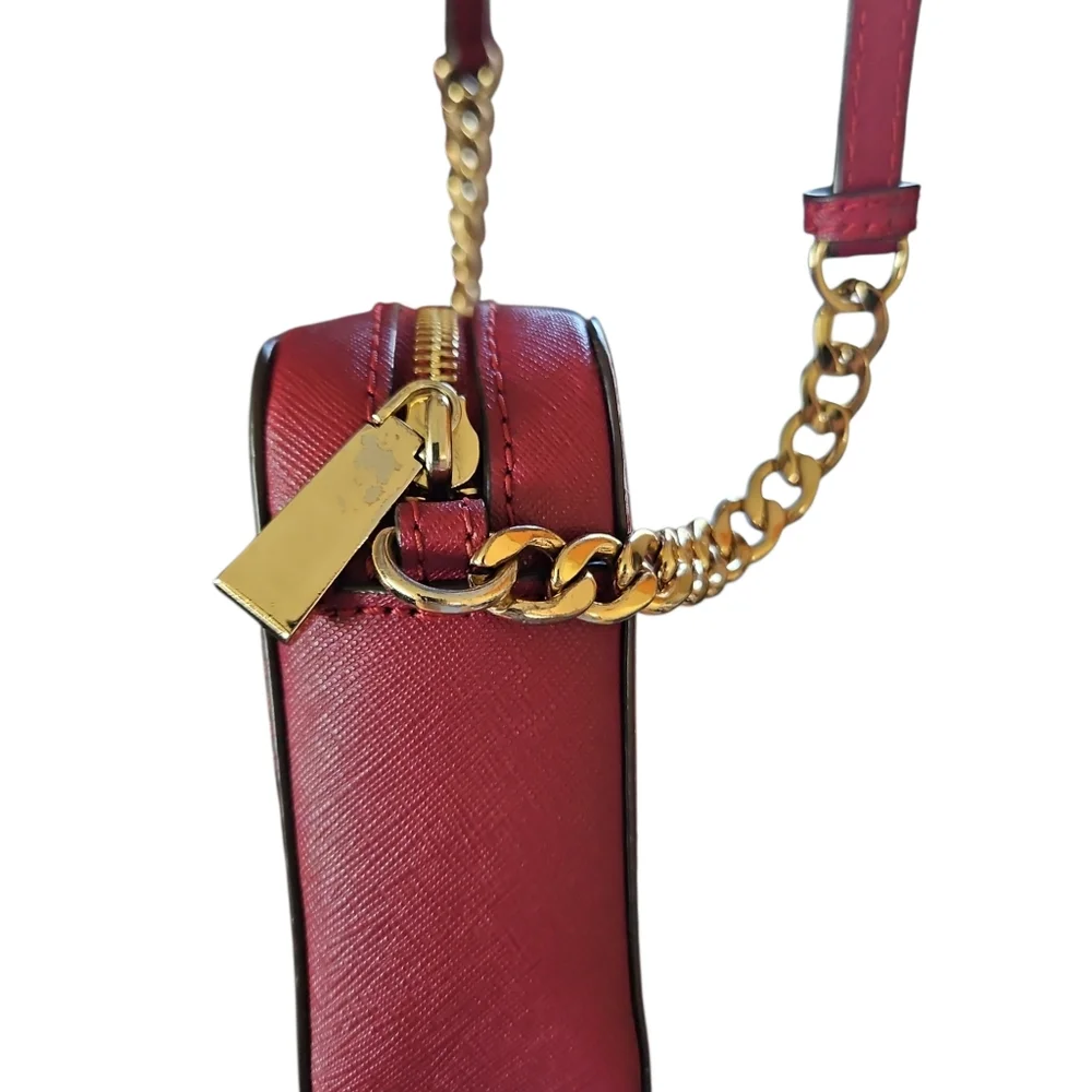 Michael Kors Jet Set Travel Crossbody Red Saffiano Leather Gold Chain MK Logo - Picture 7 of 9